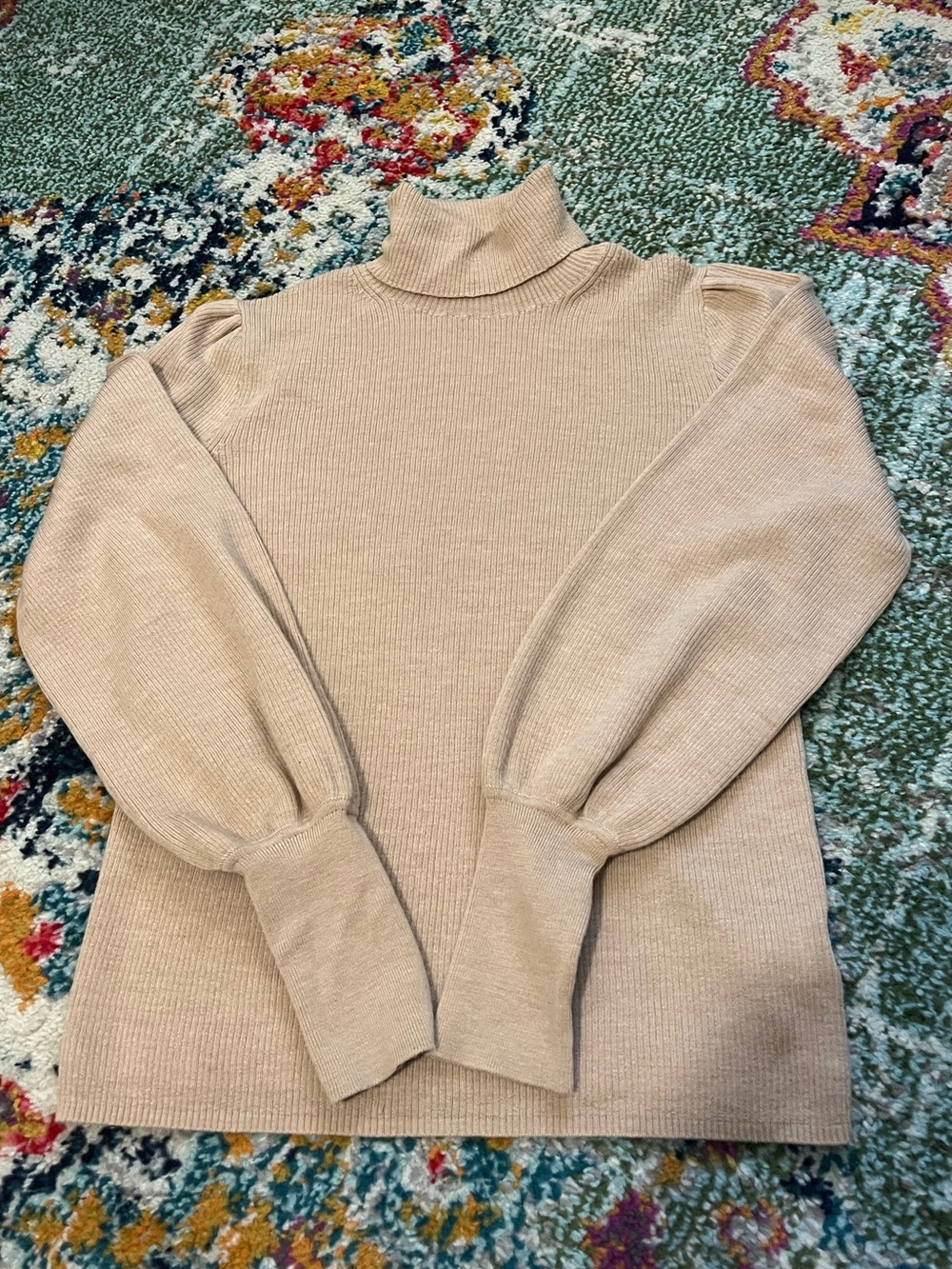 J. Crew Beige Ribbed Turtleneck with Puff Sleeves